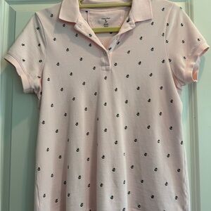 J Crew Classic Pique Pink Anchor Print Polo Shirt, EUC, M